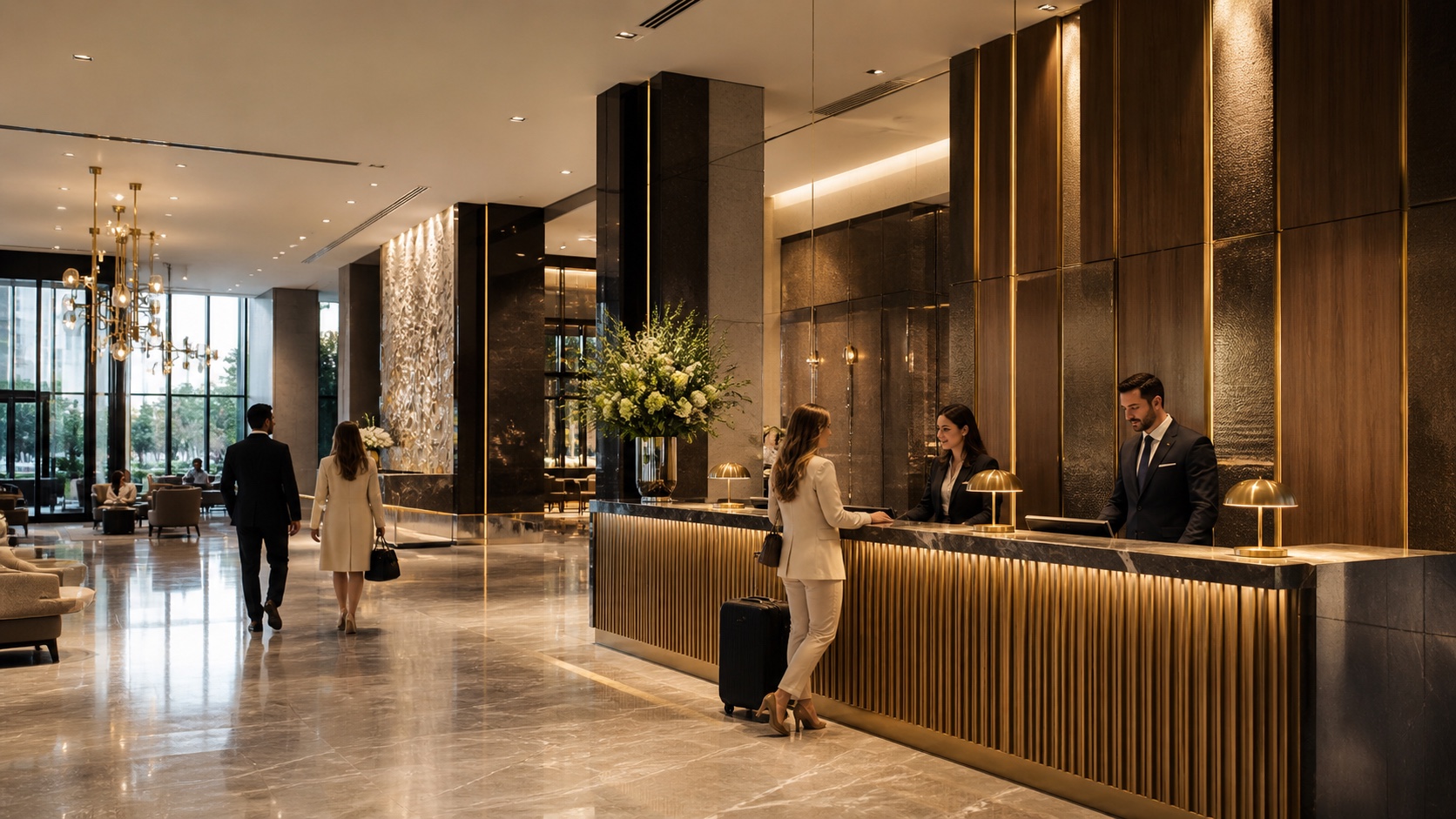Luxury hotel lobby — concierge staff welcoming guests at the front desk.